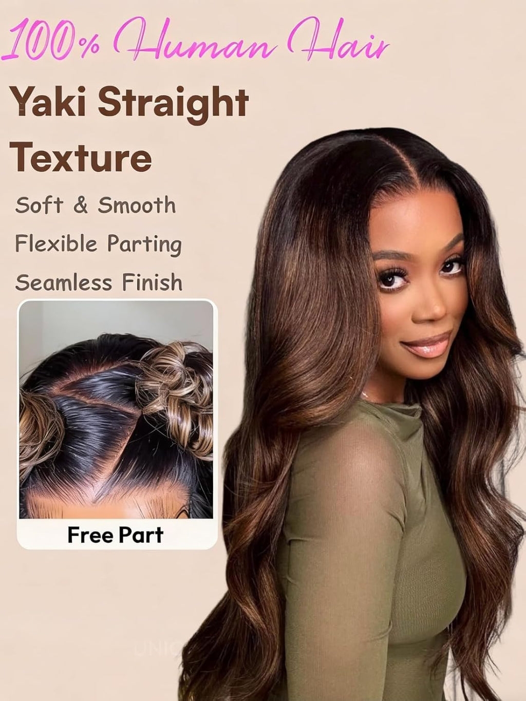 Balayage Brown Highlight 13X4 Lace Front Drawstring Wig Human Hair Yaki Straight Pre Everything Glueless Wigs Pre Plucked Pre Cut Bleached Knots Put on & Go 150% Density 16 Inch