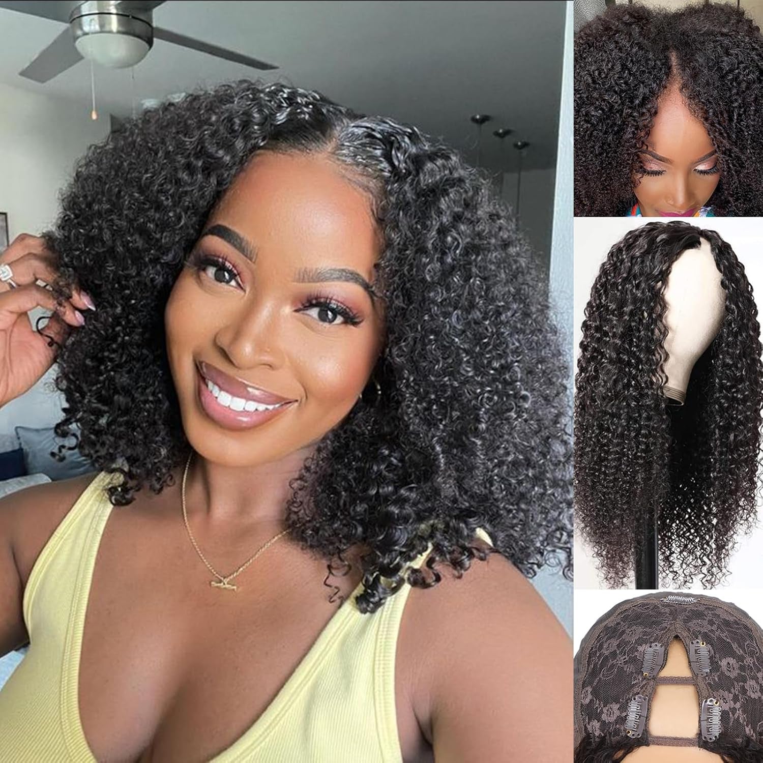 Curly V Part Kinky Curly Human Hair Wig for Black Women V Shape No Leave Out Upgrade U Part Glueless 14Inch