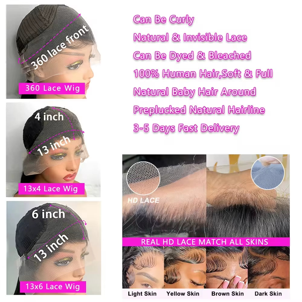 40 Inch Body Wave 13X6 Hd Lace Frontal Wig Human Hair 360 Brazilian Pre Plucked Lace for Women 13X4 Lace Front Wigs 250 Density