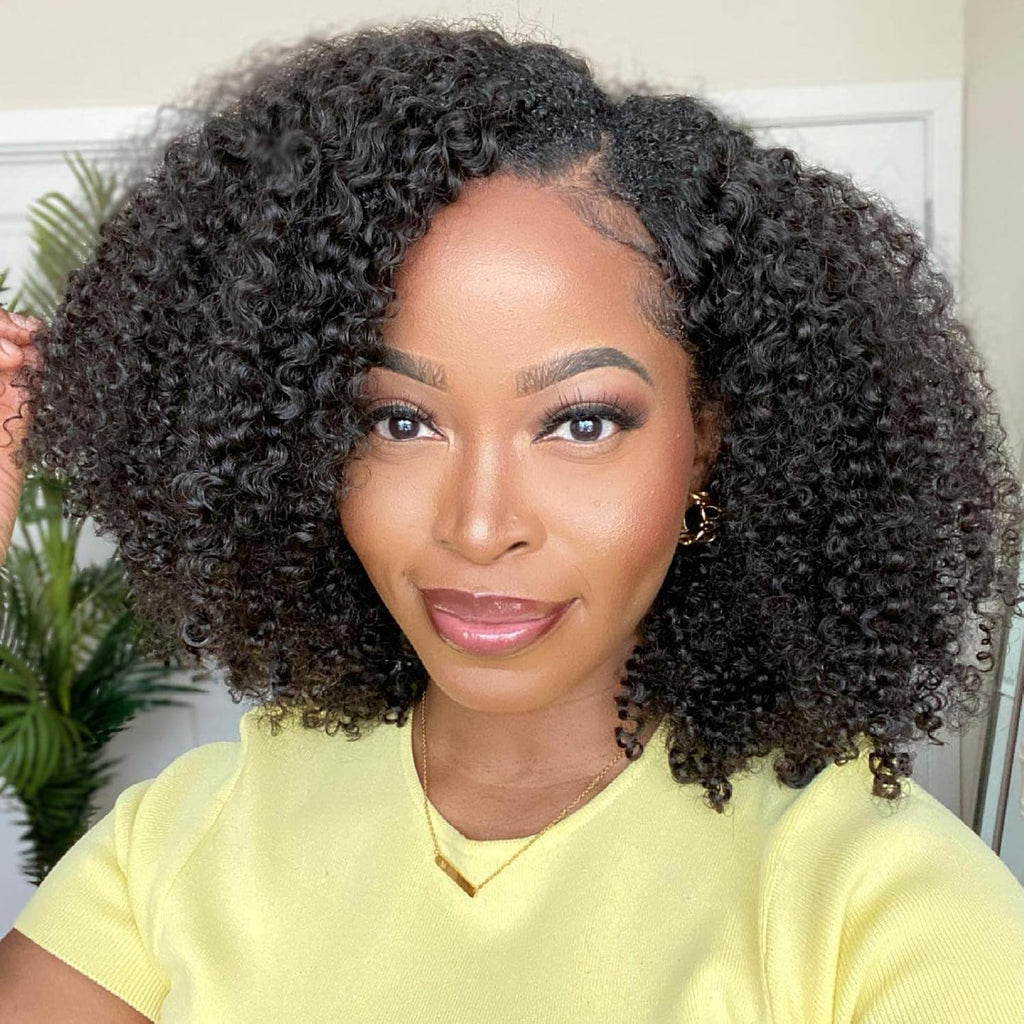 Curly V Part Kinky Curly Human Hair Wig for Black Women V Shape No Leave Out Upgrade U Part Glueless 14Inch