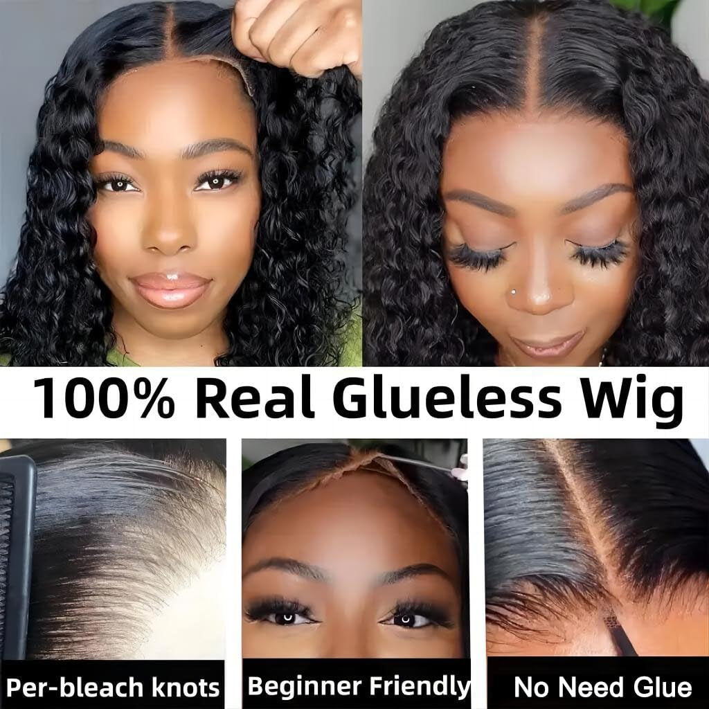 Wear and Go Glueless Wigs Human Hair Pre Plucked Deep Wave Bob Wig Human Hair Lace Front Wigs for Women Upgraded No Glue Pre Cut 6X4 Lace Closure Glueless Wigs for Black Women Human Hair 14 Inch