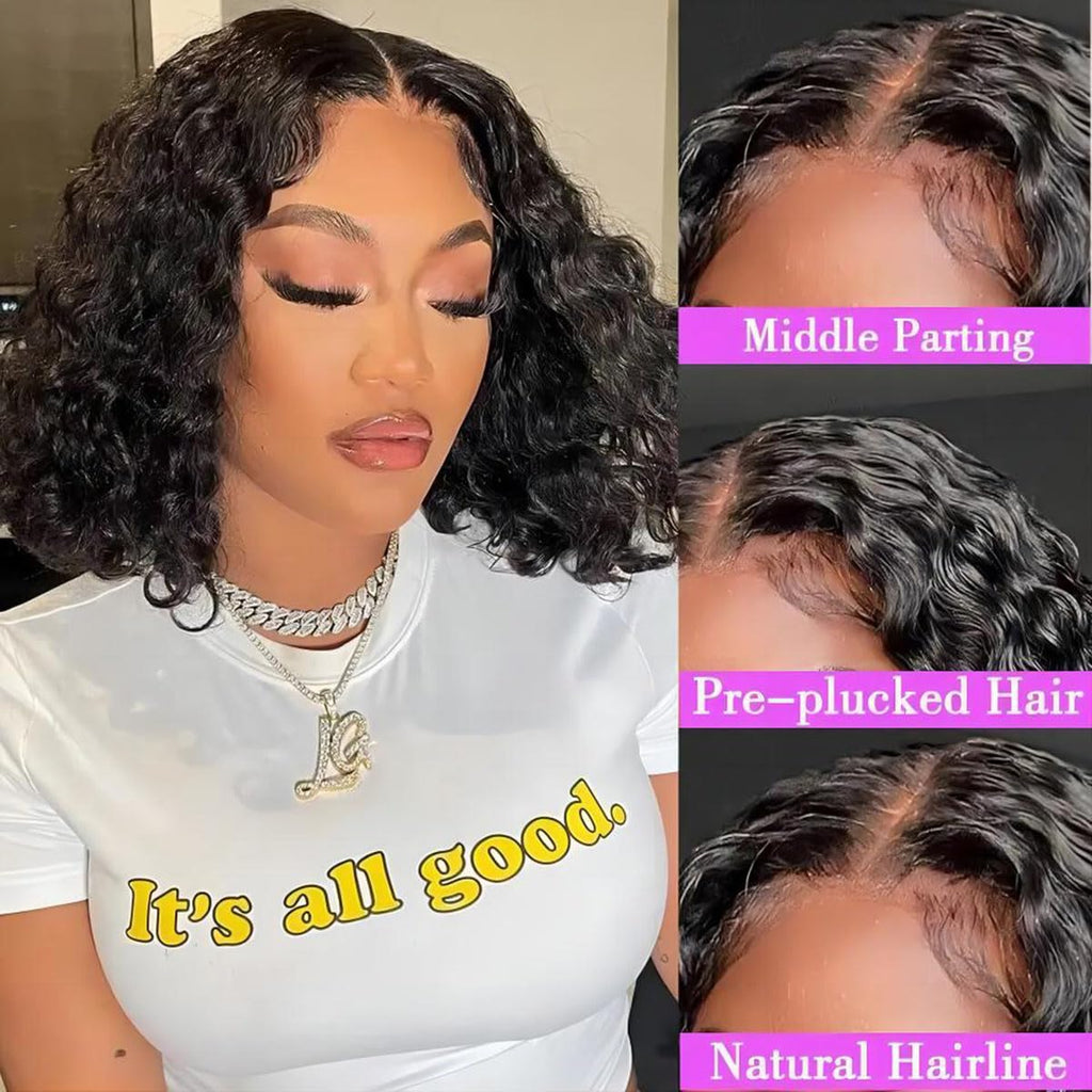 Wear and Go Glueless Wigs Human Hair Pre Plucked Deep Wave Bob Wig Human Hair Lace Front Wigs for Women Upgraded No Glue Pre Cut 6X4 Lace Closure Glueless Wigs for Black Women Human Hair 14 Inch