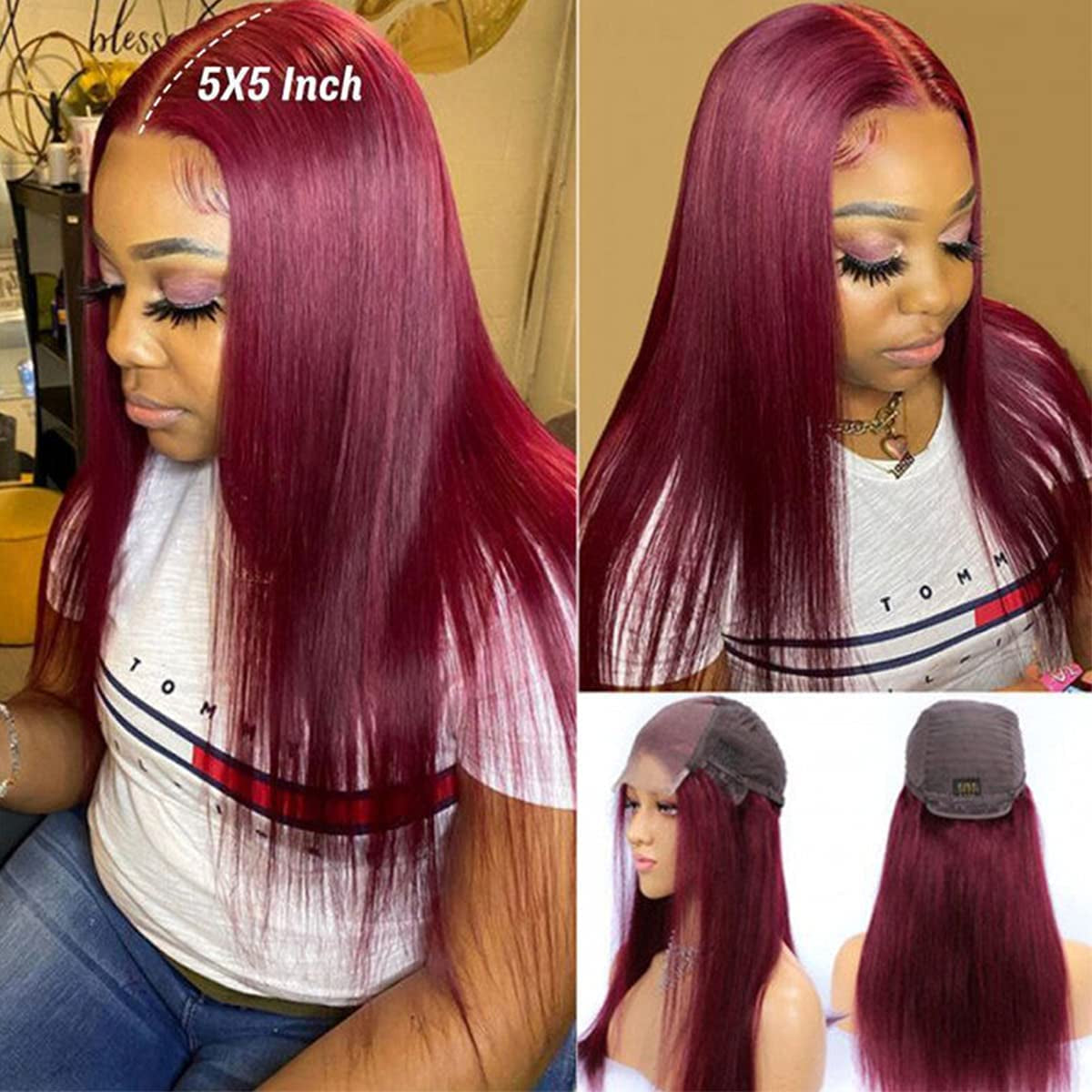 Burgundy Lace Front Wigs Human Hair for Black Women Red Wine Straight 5X5 Transparent Lace Closure Wig Long Silk Virgin Human Hair Pre Plucked with Baby Hair （18 Inches）