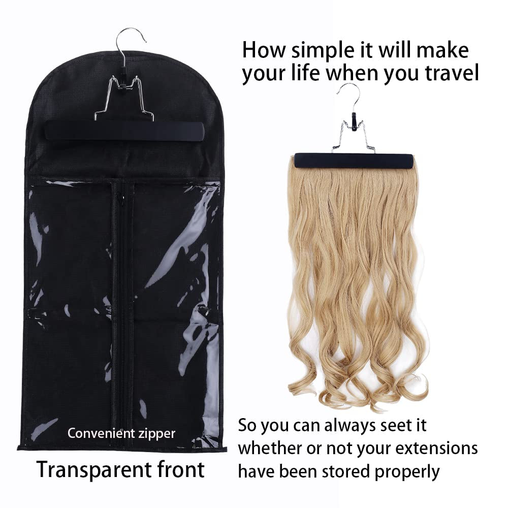 Hair Extensions Hanger with Storage Bag Hairpieces Storage Holder Wigs Carrier Case for Store Style Hair Black Color