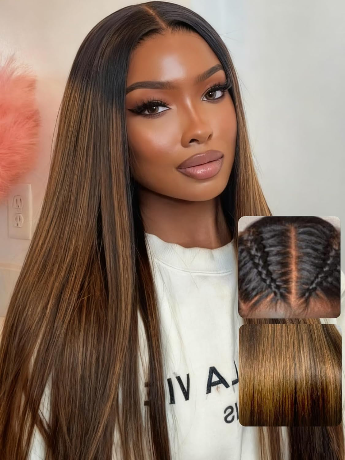 Balayage Brown Highlight 13X4 Lace Front Drawstring Wig Human Hair Yaki Straight Pre Everything Glueless Wigs Pre Plucked Pre Cut Bleached Knots Put on & Go 150% Density 16 Inch