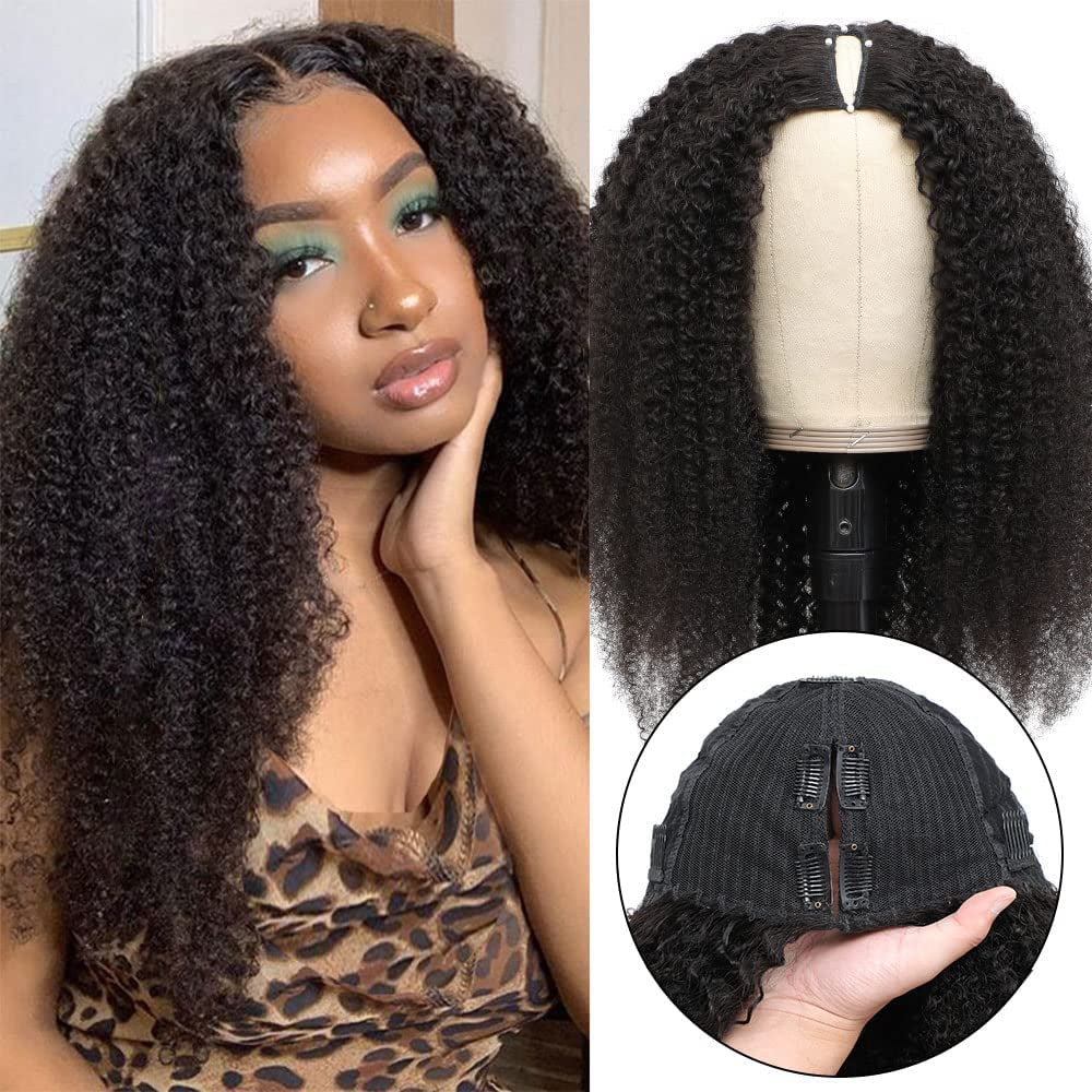Curly V Part Kinky Curly Human Hair Wig for Black Women V Shape No Leave Out Upgrade U Part Glueless 14Inch