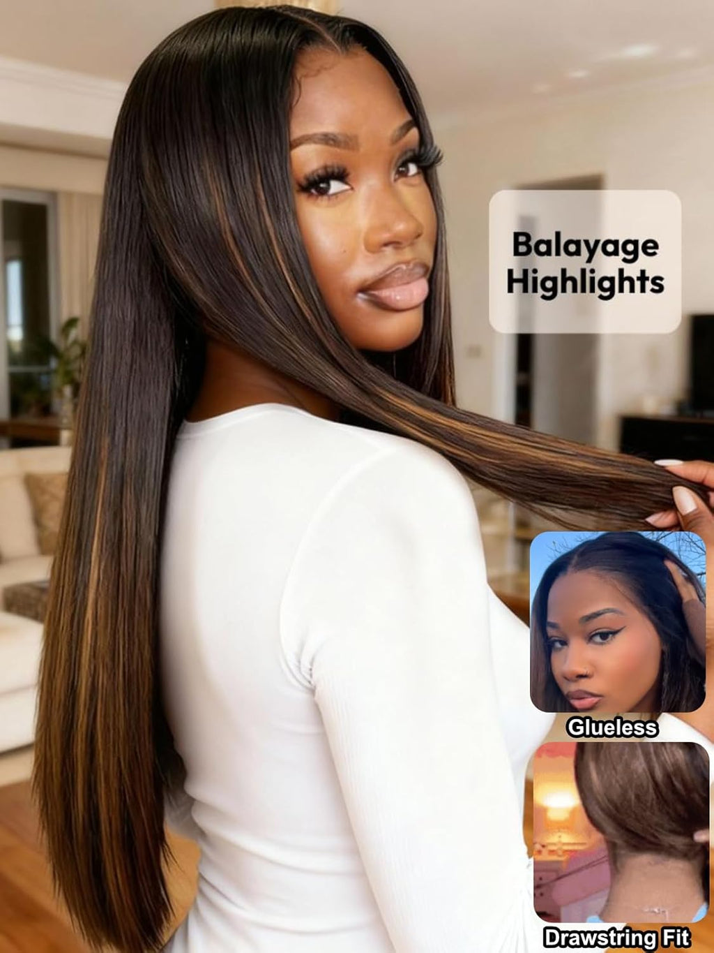 Balayage Brown Highlight 13X4 Lace Front Drawstring Wig Human Hair Yaki Straight Pre Everything Glueless Wigs Pre Plucked Pre Cut Bleached Knots Put on & Go 150% Density 16 Inch