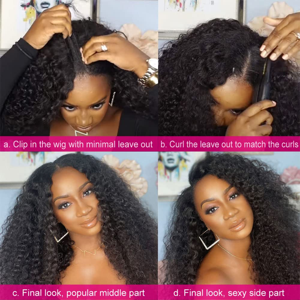 Curly V Part Kinky Curly Human Hair Wig for Black Women V Shape No Leave Out Upgrade U Part Glueless 14Inch
