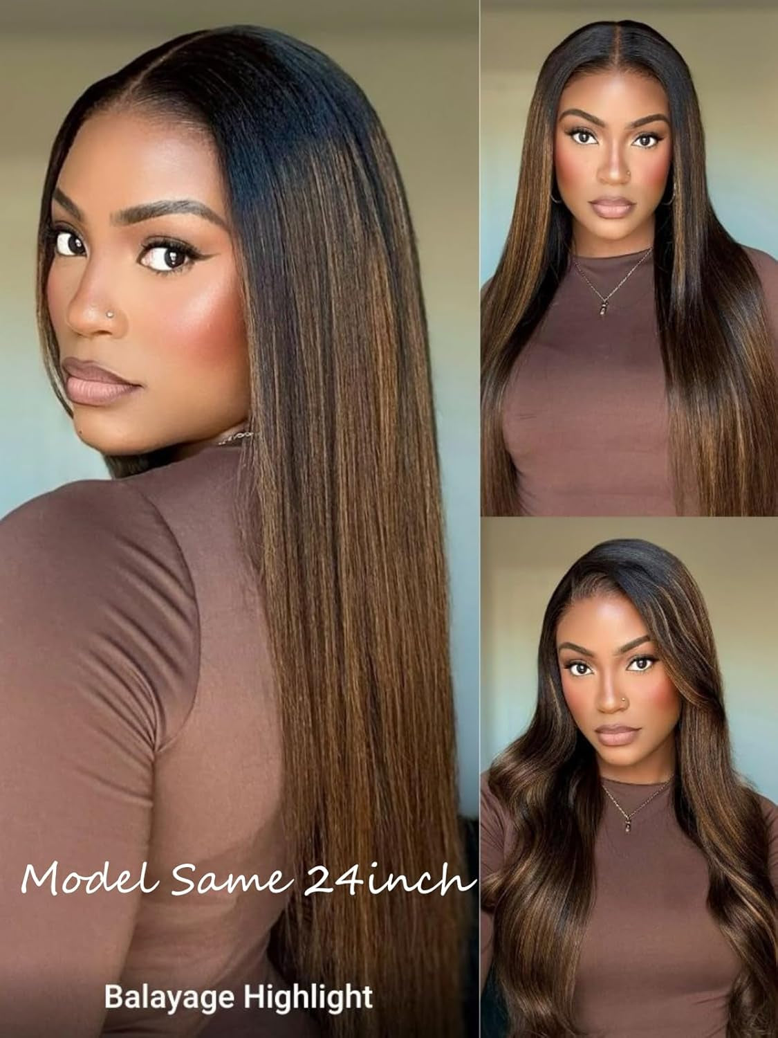 Balayage Brown Highlight 13X4 Lace Front Drawstring Wig Human Hair Yaki Straight Pre Everything Glueless Wigs Pre Plucked Pre Cut Bleached Knots Put on & Go 150% Density 16 Inch