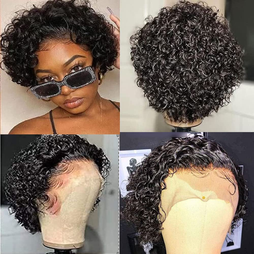 Brazilian Virgin Hair Short Bob Curly Wave Human Hair Lace Front Wigs with Baby Hair Full Lace Wigs Natural Color for Black Women  10Inch 130% Density Lace Front Wig