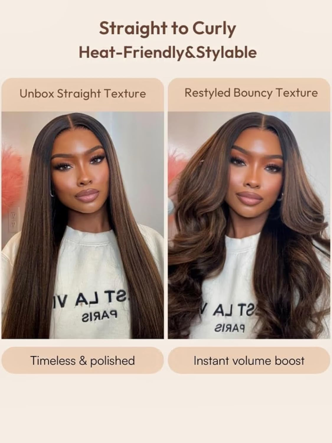 Balayage Brown Highlight 13X4 Lace Front Drawstring Wig Human Hair Yaki Straight Pre Everything Glueless Wigs Pre Plucked Pre Cut Bleached Knots Put on & Go 150% Density 16 Inch