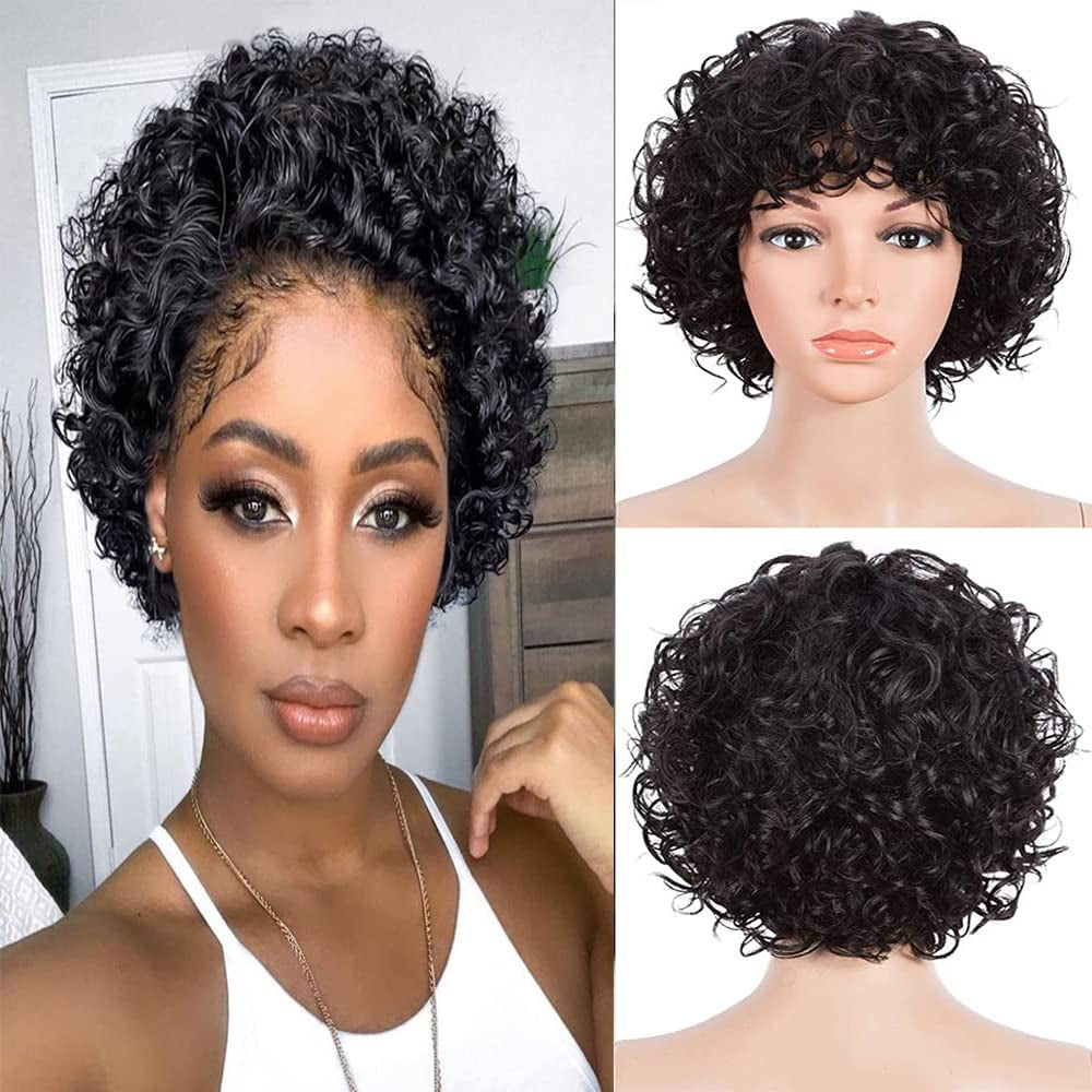 Brazilian Virgin Hair Short Bob Curly Wave Human Hair Lace Front Wigs with Baby Hair Full Lace Wigs Natural Color for Black Women  10Inch 130% Density Lace Front Wig