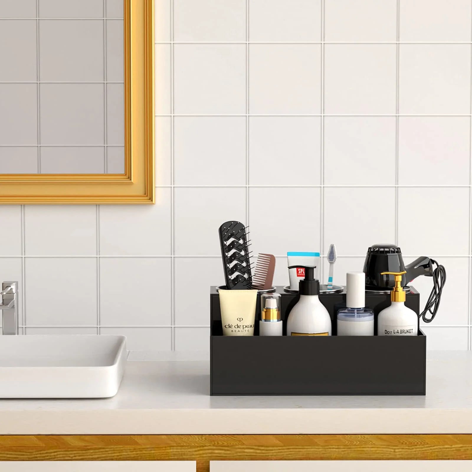 Hair Tool Organizer, Acrylic Hair Dryer Holder and Styling Organizer, Bathroom Countertop Blow Dryer Holder, Vanity Caddy Storage Stand for Blow Dryers, Accessories, Makeup, Toiletries, Black