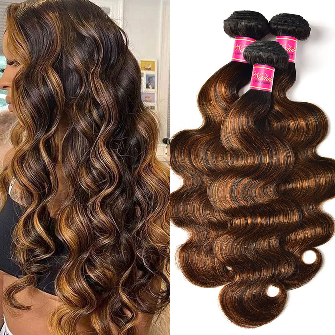 Hair 12A Brown Balayage Ombre Body Wave Human Hair Weave 3 Bundles, Brazilian Highlight Remy Hair Chocolate Brown Human Hair Extension FB30 Ombre Color (16 18 20Inch)