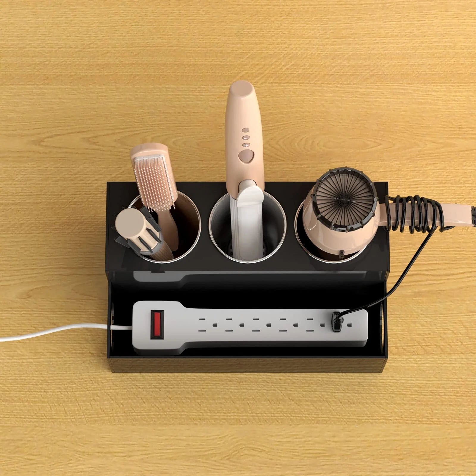 Hair Tool Organizer, Acrylic Hair Dryer Holder and Styling Organizer, Bathroom Countertop Blow Dryer Holder, Vanity Caddy Storage Stand for Blow Dryers, Accessories, Makeup, Toiletries, Black