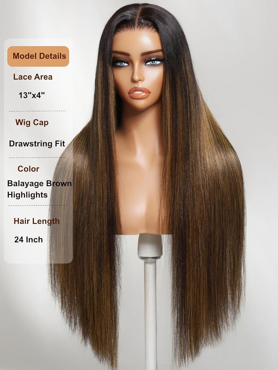 Balayage Brown Highlight 13X4 Lace Front Drawstring Wig Human Hair Yaki Straight Pre Everything Glueless Wigs Pre Plucked Pre Cut Bleached Knots Put on & Go 150% Density 16 Inch